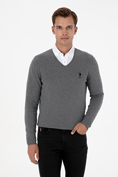 U.S. Polo Assn. Men's Gray Sweater With V-Neck And Embroidered Logo