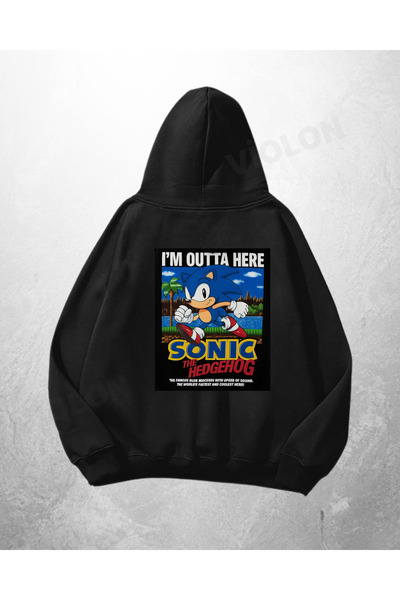 Violon Siyah Unisex Sonic Outta Here Baskılı Oversize Hoodie Sweatshirt