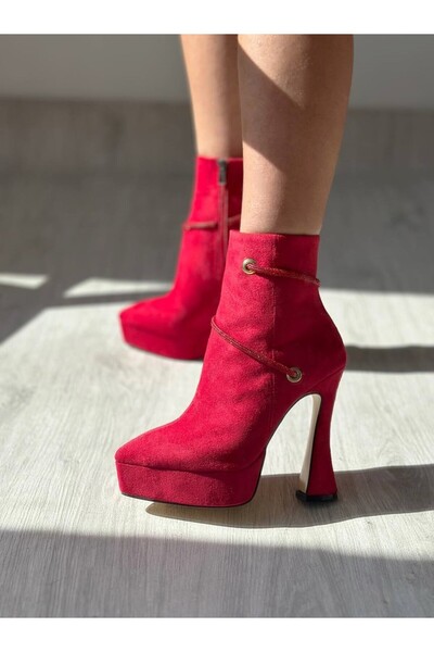 SHOEBOURNE Red Suede Pointed Toe Stone Detailed Stylish High Heel Platform Boots