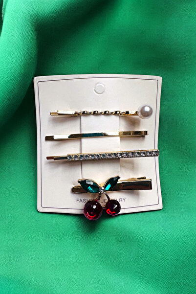 PETEK AKSESUAR 3 Pieces of Cherry Clip with Stone and Pearl, 5.5 Cm.