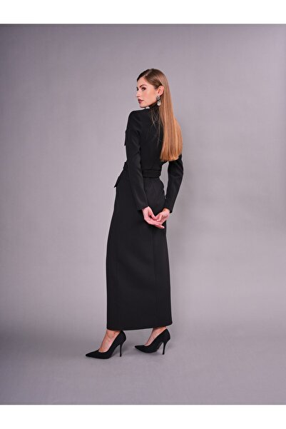 SERPİL Fiyonk Yakalı Düğme Detaylı Uzun Elbise 40720