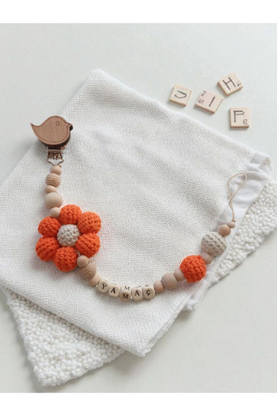 My Kids Room Papatya Temalı Doğal Ahşap Emzik Zinciri - Isimli Emzik Askısı A...