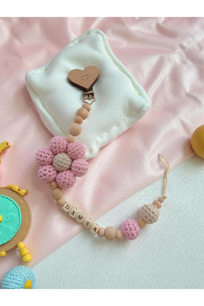 My Kids Room Papatya Temalı Özel Doğal Ahşap Emzik Zinciri-Isimli Emzik Askıs...