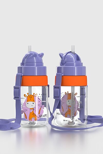Renga Taffy Patterned 330 ml Tritan Baby Water Bottle with Strap and Straw 222056 Purple