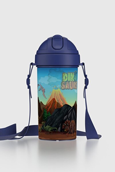 Renga Cosmo Lenticular Dinosaur Patterned 415 ml Pp Children's Water Bottle with Straw and Strap 912149 Blue
