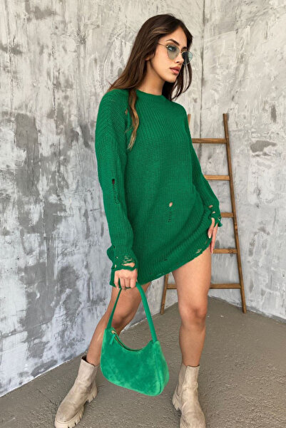 FashionForYou Pulover lung tricotat Laura, cu decupaje in material, Verde