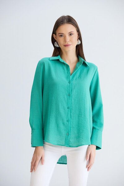 Sortie Women's Water Green Color Long Sleeve Relaxed Fit Midi Length Front Short Back Long Cuffed Linen Shirt