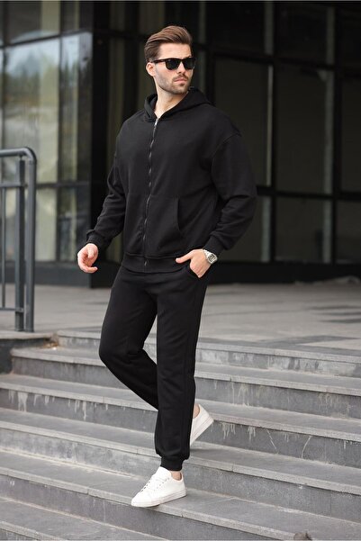Madmext Siyah Kapüşonlu Fermuarlı Basic Erkek Eşofman Takımı E7331