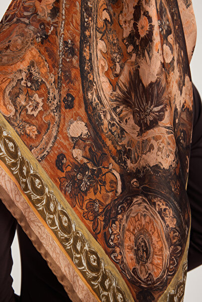 Schaless Golden Garden - Cinnamon - Aurora Patterned Janjan Scarf - 90X90 cm