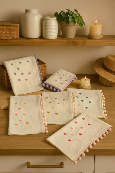 Anadolu Saray 2 Pieces Heart Pompom Drying Cloth 100% Cotton Kitchen Towel Hand and Face Towel