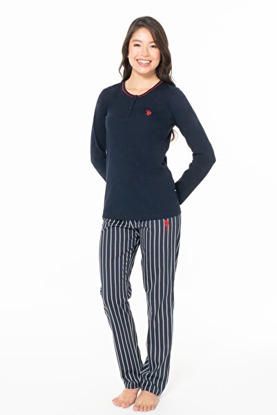 U.S. Polo Assn. Kadın Düğmeli Bisiklet Yaka Uzun Kollu Pijama Takımı S26141 RAHAT KESİM