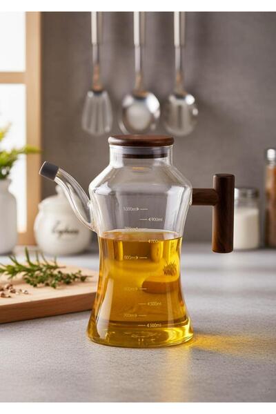 HomeTarz Glass Oil Bottle - 1 Liter with Acacia Handle - Angled