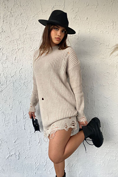 FashionForYou Pulover lung tricotat Laura, cu decupaje in material, Crem