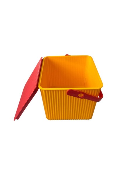 Saban Yellow - Red, Square Serrated Plastic Cleaning Bucket – with Handle, Portable, Toy Bucket, Flower Pot 11