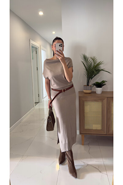 BİRCANÇİL Dlvin Elas Dark Mink Asymmetrical Collar Belted Knitwear Dress