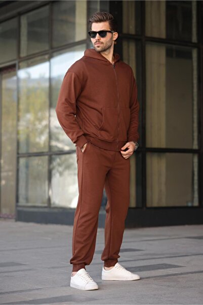 Madmext Acı Kahverengi Kapüşonlu Fermuarlı Basic Erkek Eşofman Takımı E7331