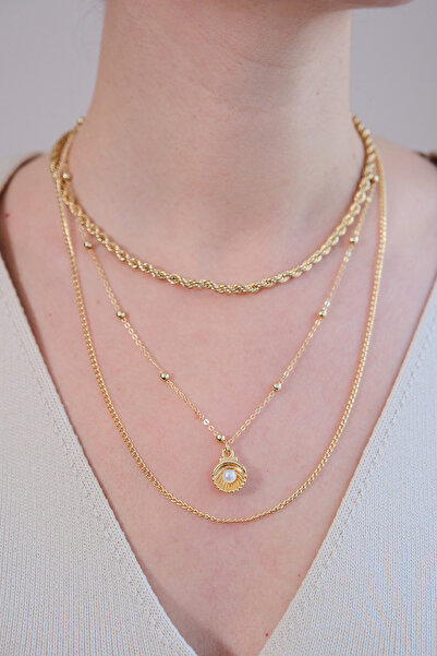 AURRARİ Gold 3'lü İncili İstiridye Kolye