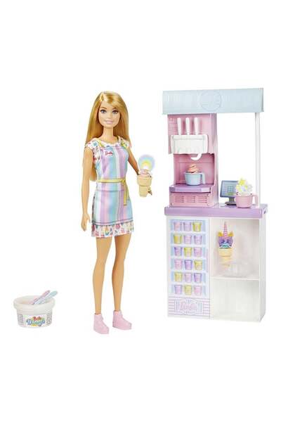 Barbie Ice Cream Shop Playset with 12-inch Blonde Doll, Ice-Cream Making Feature and Realistic Play Pieces