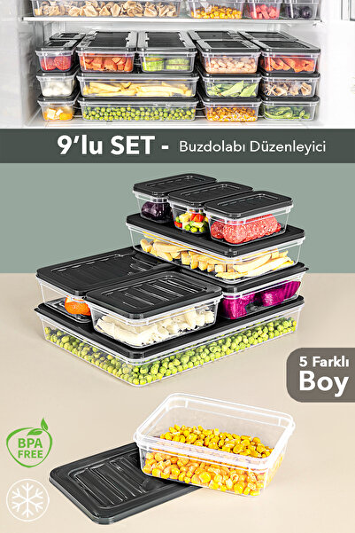 Meleni Home Set de 9 organizatoare pentru frigider - Organizator potrivit pentru cuptorul cu microunde Recipient de depozitare pentru congelator Antracit