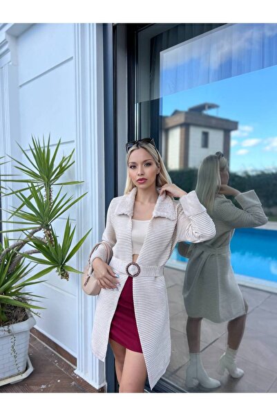 For Angels Fur Collar and Sleeves Polo Collar Belted Cardigan