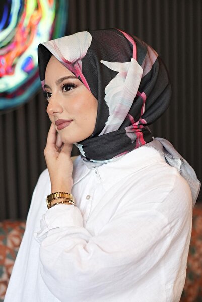 AFVENTE Φουλάρι από βαμβάκι ανθρακί με σχέδιο τουλίπας