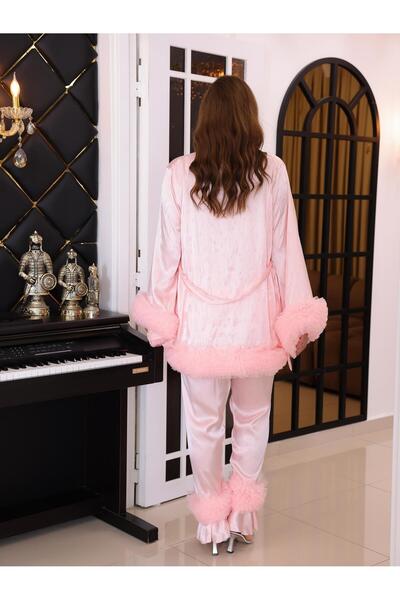Limas lingerie ELMAS VE SİMLERLE SÜSLENMİŞ SATEN KUMAŞTAN YAPILMIŞ 4 PARÇALI PİJAMA TAKIMI
