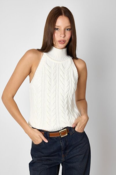 SHERIN Екрю блуза з плетеним коміром та трикотажною в'язкою