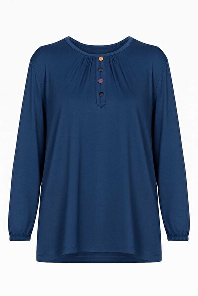 ziend fashion Γυναίκα ελαστικό ύφασμα μέσης ηλικίας και άνω των τεσσάρων εποχών Prl. Μπλε μπλούζα από βαμβακερό χτενισμένο βαμβάκι με μοτίβο με κουμπιά και ελαστικά μανίκια