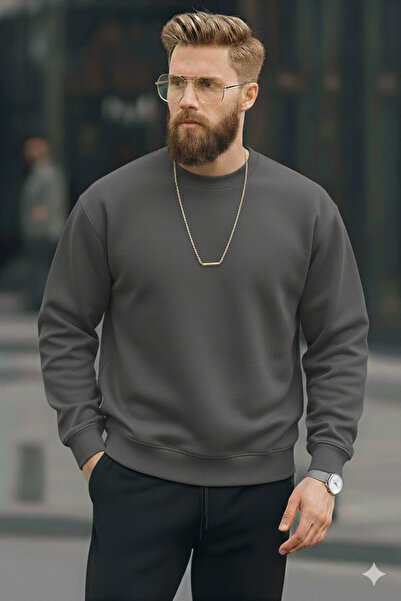 dwnwear Ανδρικό φούτερ χειμερινό, χαλαρό και κανονικό, με λαιμόκοψη, χρώμα καπνού γκρι