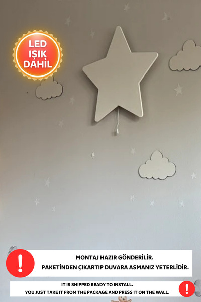 Dekorvin Yıldız Gece Lambası Bebek Çocuk Odası Duvar Dekorasyonu Aydınlatma Ahşap Gece Lambası