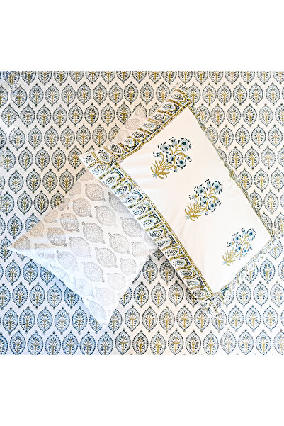 SARAS LABEL Heritage Block Print 100% Cotton Percale Bedsheet with 2 Pillowcases