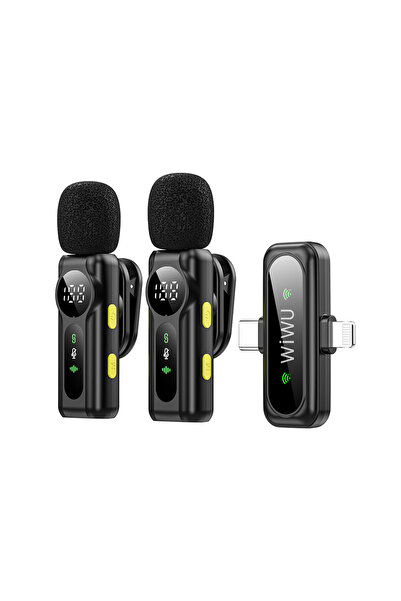 WIWU Wi-WM007 2in1 Type-C ve Lightning Portlu ANC Özellikli Kablosuz Yaka Mikrofonu Siyah