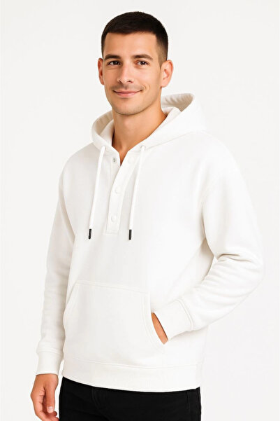 Aymood Ανδρικό φούτερ με κουκούλα μεγάλου μεγέθους με τσέπες καγκουρό και κουκούλα με κουμπωτά κουμπιά με 3 κλωστές - Λευκό