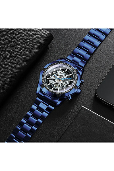 Forsining Ceas mecanic automat analogic elegant de lux albastru