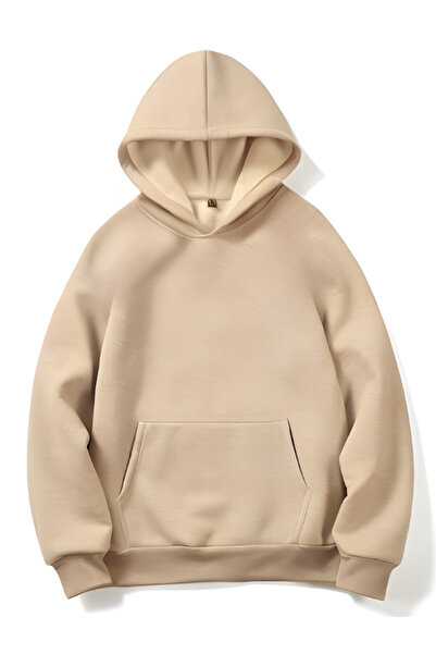 MOONBULL Unisex 3 İplik İçi Pamuklu Kapüşonlu Düşük Kol Oversize Kanguru Cep Sweatshirt