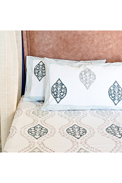 SARAS LABEL Heritage Block Print 100% Cotton Percale Bedsheet with 2 Pillowcases