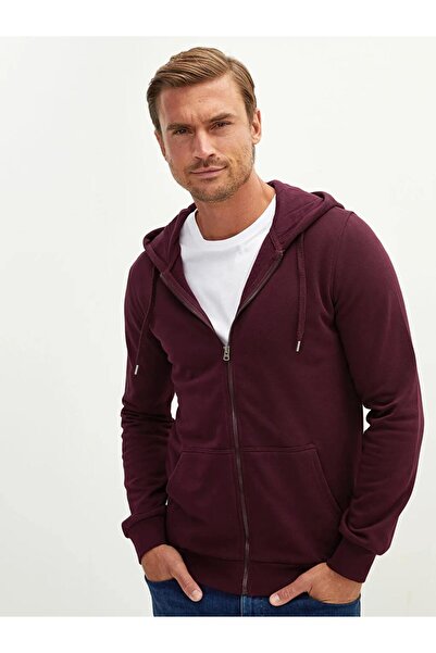 LC Waikiki LCWAIKIKI Basic Bordo Kapüşonlu Uzun Kollu Erkek Fermuarlı Sweatshirt