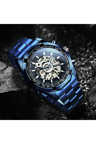 Forsining Ceas mecanic automat analogic elegant de lux albastru