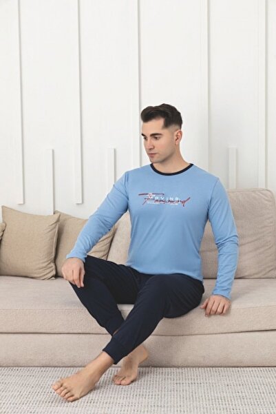 pamuklu Pijamale bărbătești, mânecă lungă, pantaloni lungi, bumbac, albastru, mărimea 2XL