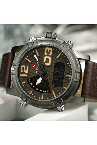 Naviforce Men's Wristwatch Leather Digital Analog Quartz Stopwatch Alarm