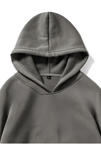 MOONBULL Unisex 3 İplik İçi Pamuklu Kapüşonlu Düşük Kol Oversize Kanguru Cep Sweatshirt