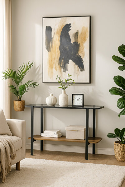 MARIA HOMES Modern Console Table with Glass Top – 140×40×80 cm | Brown Wood Shelf and Black Metal Frame