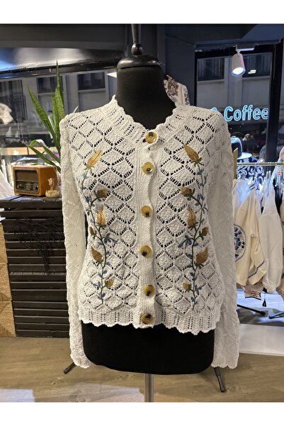 QUSİ Women's Floral Pattern Embroidered Buttoned Long Sleeve Sweater Cardigan