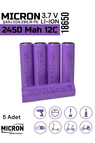 Micron 18650 3.7V (Volt) 2450 MaH 12C Lityum Şarj edilebilir 5 Adet Pil(Batar...