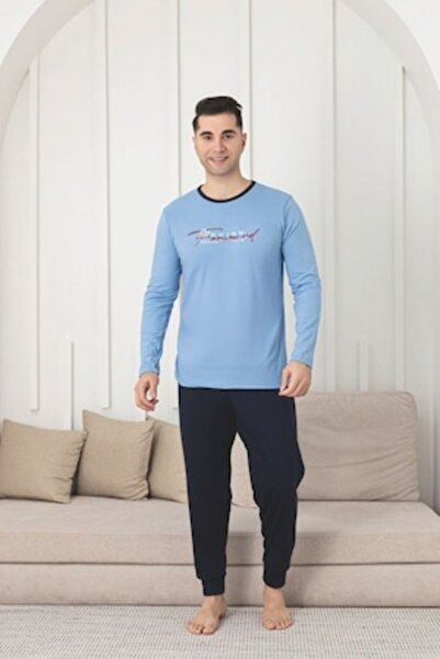pamuklu Pijamale bărbătești, mânecă lungă, pantaloni lungi, bumbac, albastru, mărimea 2XL