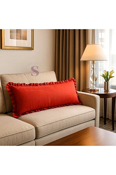 shules collection Ruffled Vintage Buldan Linen Red Color Scandinavian Long 40X100 Throw Pillow (Filled)