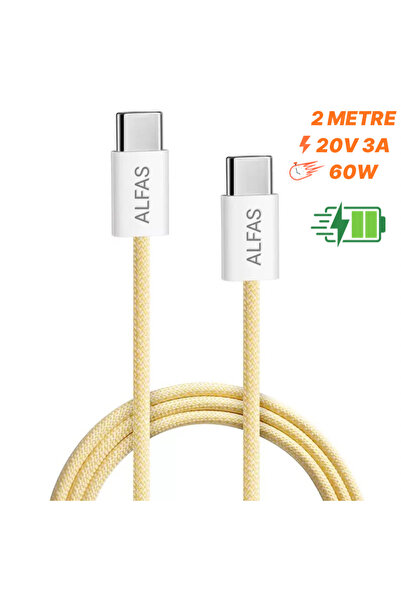 ALFAS Type-C Şarj Kablosu 2m PD 60W 3A 1Gbps Hızlı Şarj & Data Transfer Usb-c Iphone Android Örgülü Kablo