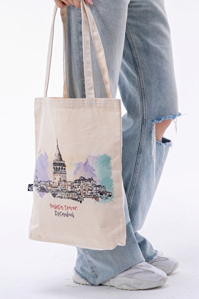 KOSTEBAG İstanbul Galata Tower Baskılı 340gr Gabardin Kumaş 35x40x8cm Bez Çanta