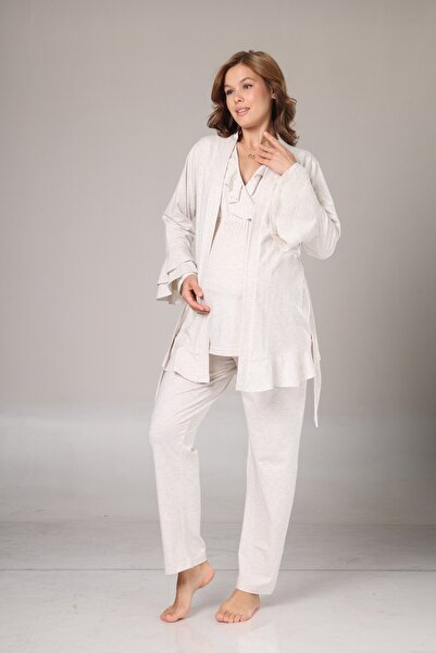 BLACKMORE Kadın Bej Melanj Fırfırlı Kruvaze Lohusa Hamile Sabahlık 3'lü Pijama Set