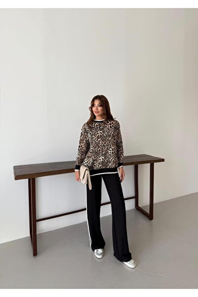 TLG GİYİM Women's Crew Neck Leopard Bottom Top Set